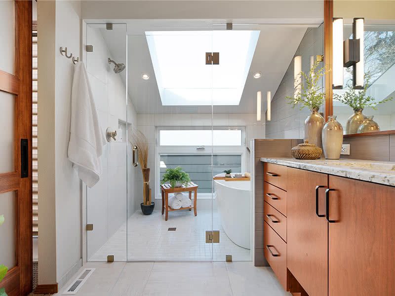 curbless walk-in shower with freestanding tub 